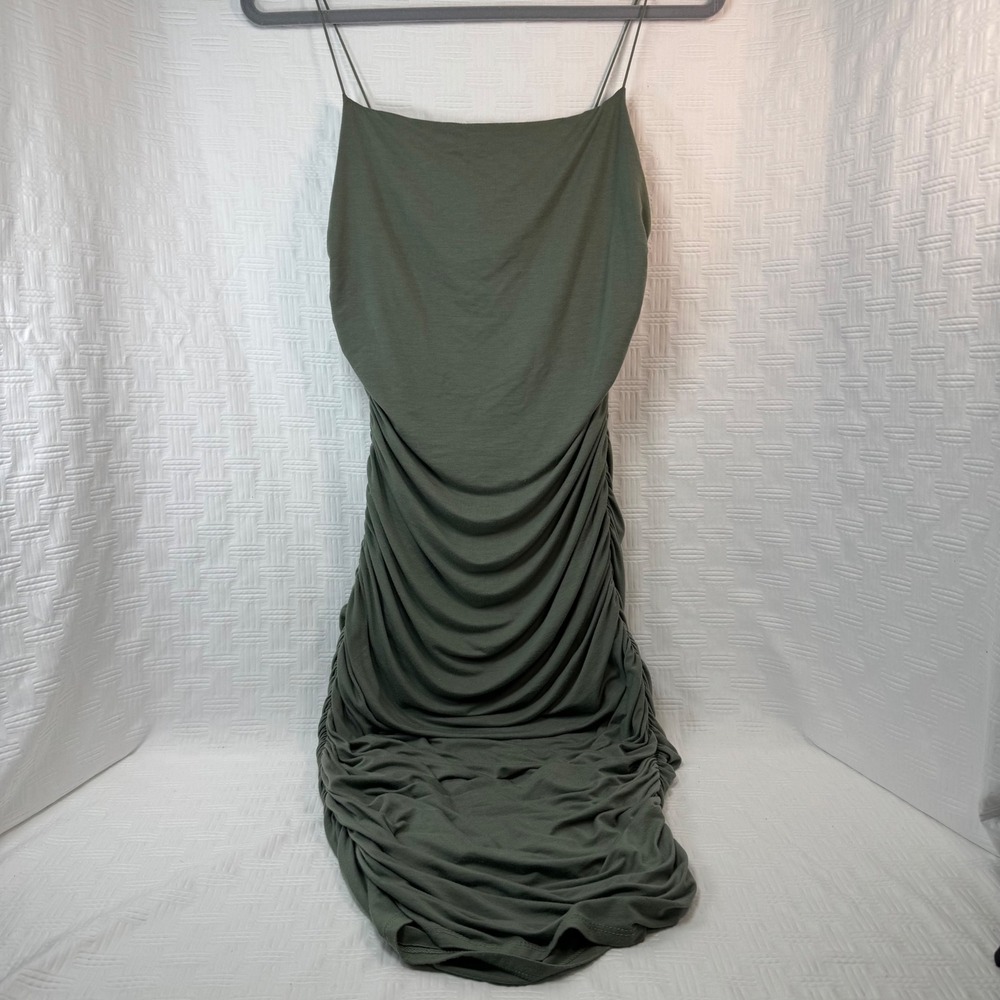 Windsor Olive Green Ruched Bodycon Midi Dress Spaghetti Strap / Sku 0241